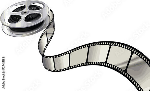 Classic vintage film reel with unwinding movie strip, cinema illustration, retro media design, filmmaking concept, entertainment industry, creative artwork, video frame