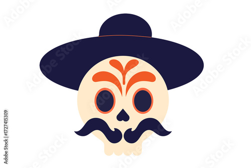 Day of the Dead sugar skull with mustache and wide-brimmed hat. Colorful Mexican Dia de los Muertos calavera illustration in traditional folk art style for cultural celebrations. High resolution PNG 