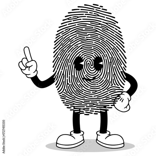 Cartoon Fingerprint Character Pointing Up.