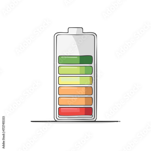 Discharged battery indicator. Low battery power level depicted through a colourful meter. Charge status infographic, Battery health concept.