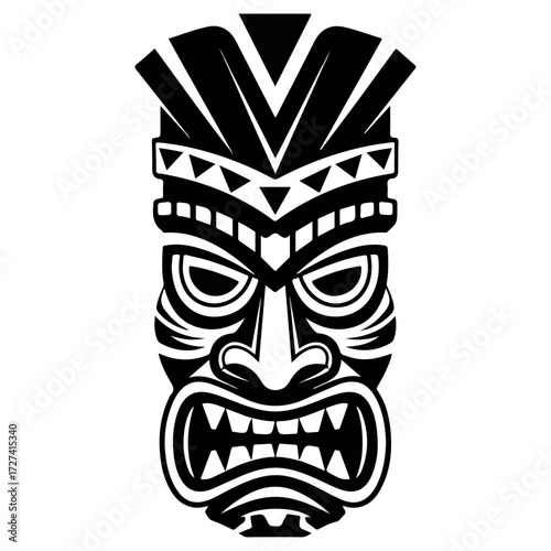 Traditional Polynesian Tiki Mask Black and White Illustration.