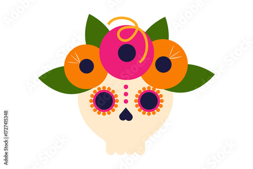 Simple skull illustration decorated with colorful flowers and leaves. Festive Day of the Dead calavera design, perfect for Dia de los Muertos, Halloween, and Mexican cultural artwork. High res PNG