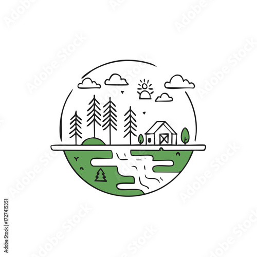 Black and white line art illustration of a landscape scene inside a circle with trees and a small house.