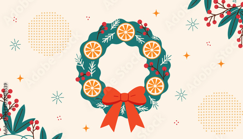 Vibrant solstice wreath with orange slices and green foliage, celebration on neutral background  