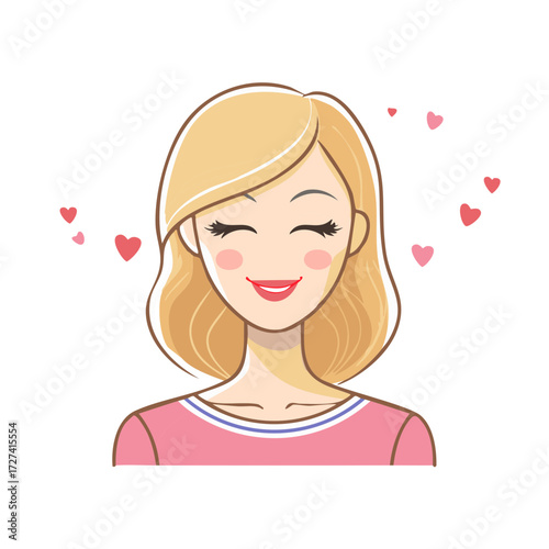 Smiling fairhaired woman illustration with pink hearts for loving romance concepts