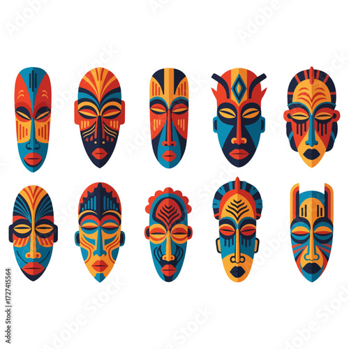 Colorful African tribal masks collection, cultural art design.