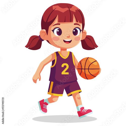 Young girl dribbling basketball with focused expression on her face.
