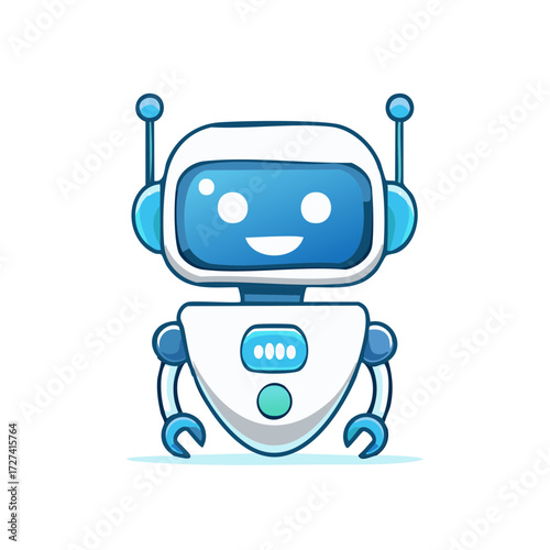 Friendly robot character with antennas and interface buttons, futuristic design