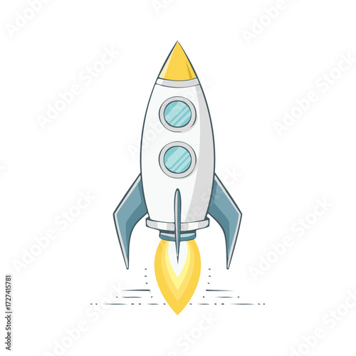 Cartoon rocket ship taking off vector illustration for a startup launch or space exploration concept
