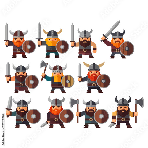 Viking Warriors with Weapons and Shields in Action.