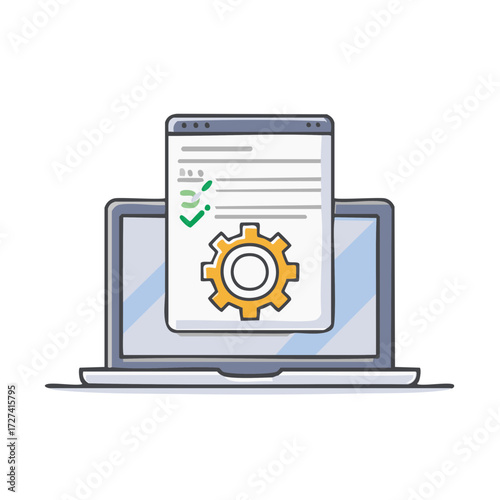 Laptop displaying digital document with gear icon and successful task checkmarks
