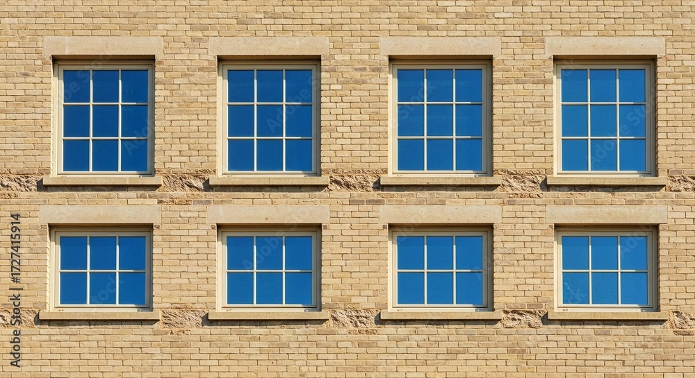 Fototapeta premium A symmetrical architectural shot of four large wooden-framed windows reflecting a bright blue sky