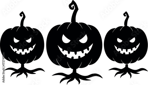 Three pumpkins in silhouette lined up, one smiling face, Halloween vector illustration