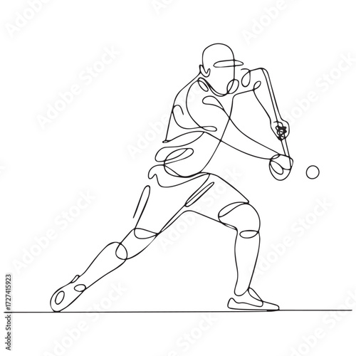 Continuous Simple black line art drawing of a Baseball Player in a minimalist style on a white background.
