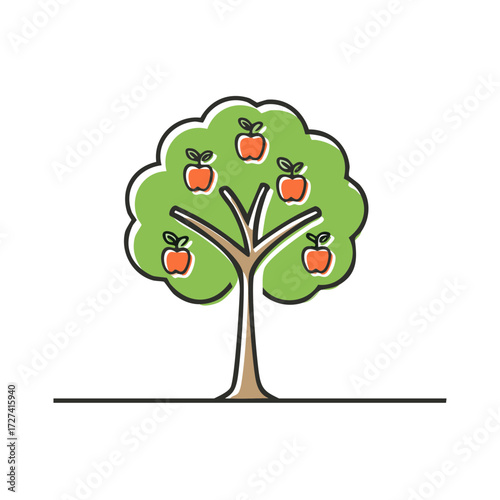 Stylized apple tree illustration with ripe red fruit and green leaves