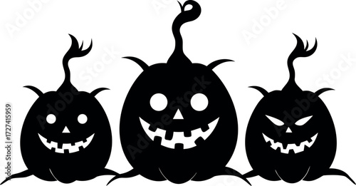 Three pumpkins in silhouette lined up, one smiling face, Halloween vector illustration