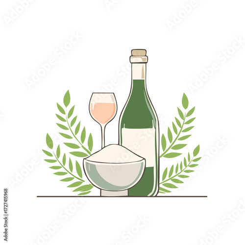 Elegant Still Life: Wine Bottle, Glass, Bowl of Rice, and Olive Branch Accents