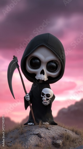 Rendu 3D d'une jolie faucheuse aux grands yeux debout dans un cimetière, tenant sa faux et portant une capuche noire sur la tête, ciel avec coucher de soleil rose en arrière-plan.
