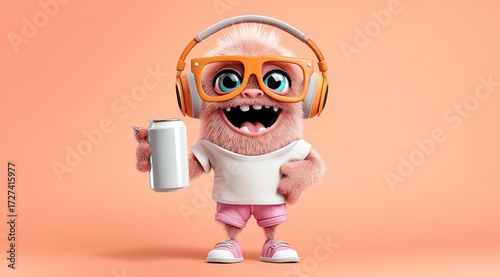 Un personnage monstre mignon et heureux tenant une canette de boisson, portant un t-shirt blanc et un short rose, de grosses lunettes orange et des écouteurs, sur un fond pêche pastel.