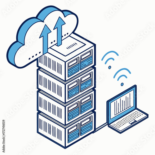 Cloud computing server rack with laptop and wireless connection for data upload and analysis