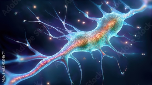 A three-dimensional rendering of a neuron showcasing its intricate structure with dendrites and axons transmitting signa