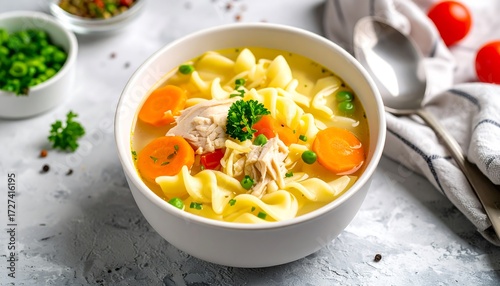 Nourishing chicken noodle soup with carrots, peas, parsley in white bowl