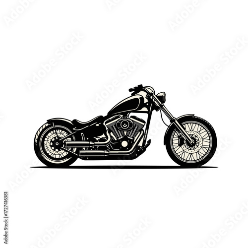 Classic black motorcycle side view on white background.