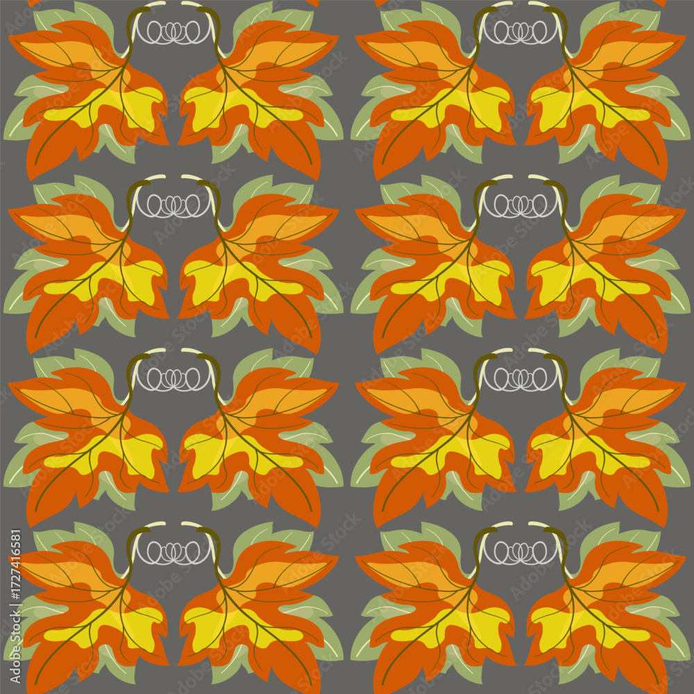 Obraz premium Autumn seamless pattern of orange leaves. Holiday floral ornament of leaves on dark gray background. Autumnal plant vector illustration. Fall seasonal pattern. Decor for Thanksgiving Day