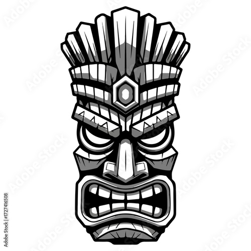 Detailed Tiki Mask Illustration in Black and White.