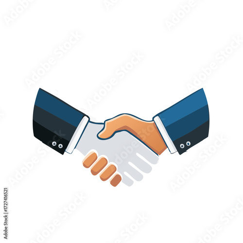 Two business people shaking hands firmly in agreement wearing suits and shirts