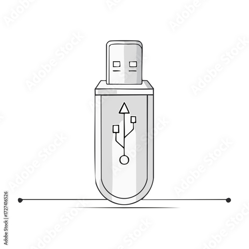 Hand-drawn USB flash drive illustration with universal serial bus symbol for digital data storage and technology concept.