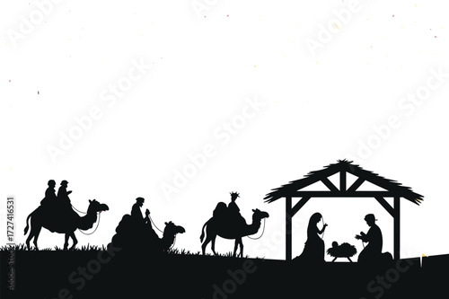 Nativity silhouette illustration with Mary, Joseph, baby Jesus, three wise men, camels, manger scene, Christmas religious artwork, holy night
