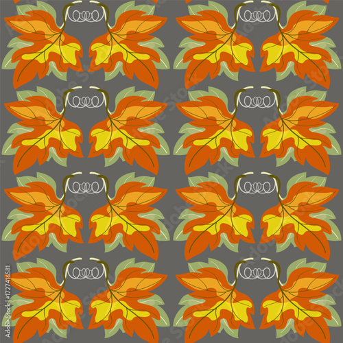 Autumn seamless pattern of orange leaves. Holiday floral ornament of leaves on dark gray background. Autumnal plant vector illustration. Fall seasonal pattern. Decor for Thanksgiving Day