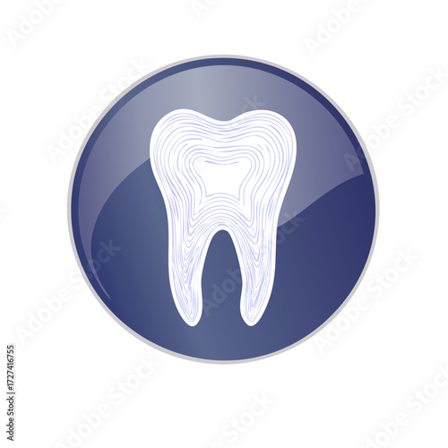 Stylized illustration of a healthy white tooth with internal structure shown inside a dark blue circle