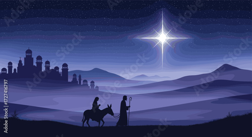 Beautiful nativity night illustration, Joseph and Mary traveling to Bethlehem, bright shining star, holy Christmas journey, Christian religious artwork background design
