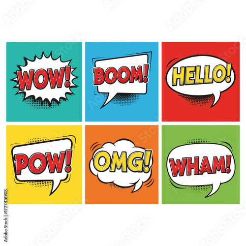 Comic book speech bubbles with various exclamations and words.
