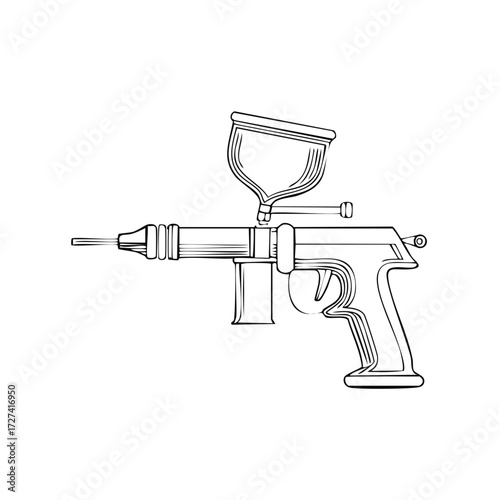 Outline drawing of a professional gravity feed paint spray gun tool for painting