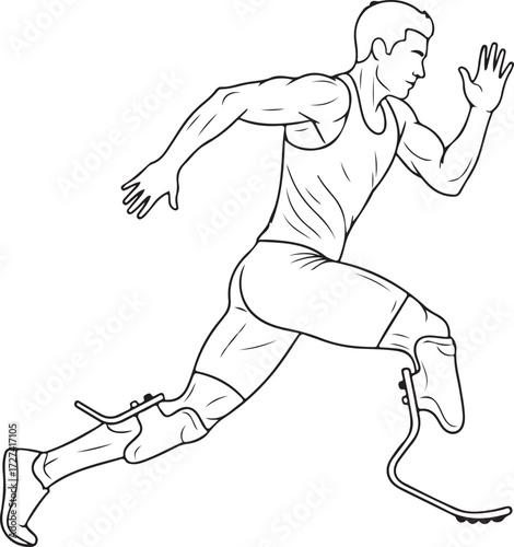 Line Art Illustration of a Male Adaptive Athlete Running with Prosthetic Legs