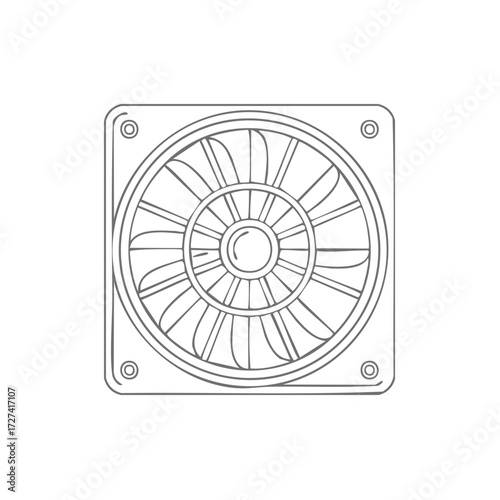 Linear drawing of a square computer cooling fan with visible blades and mounting holes