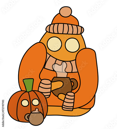 Cute monster with big eyes, dressed in an orange sweater and a hat, holding a cup with a warm drink. Next to him a pumpkin with its own cup. Vector autumn Halloween drawing. 