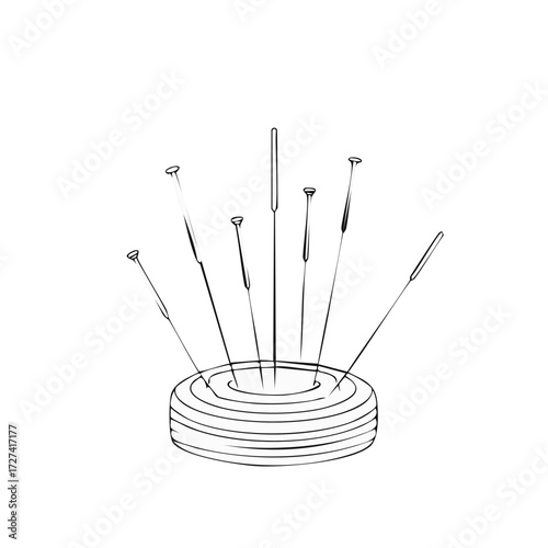Line art drawing of acupuncture needles standing upright in a round traditional holder for alternative medicine treatment