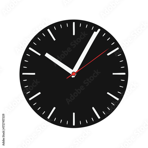 Minimalist black clock face with white hour markers and hands