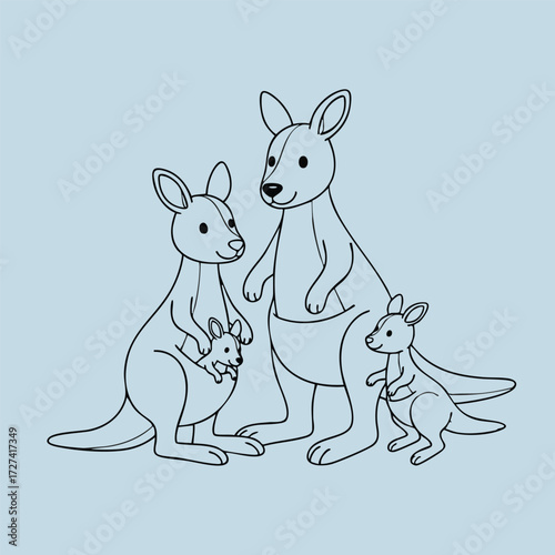A family of kangaroos stands together, showcasing their unique features and playful nature in a harmonious setting.
