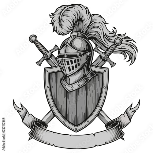 Medieval Knights Helmet with Swords and Shield Emblem.