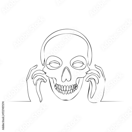 Minimalist single line drawing of a skull with closed eyes and hands near cheeks
