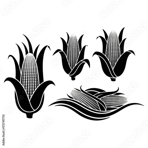 Set of stylized corn cobs in black and white.