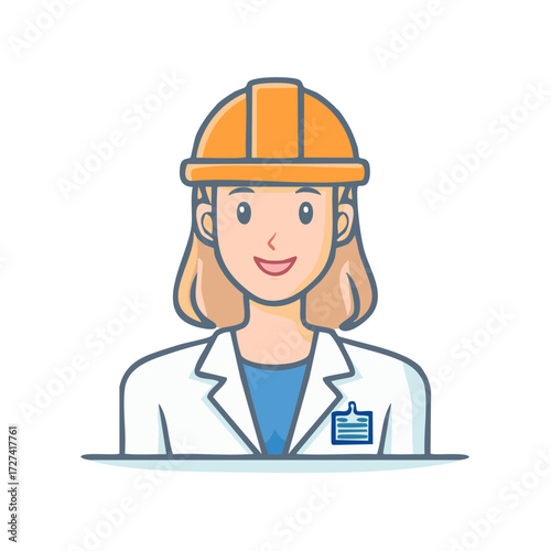 Female construction worker wearing a hard hat and lab coat with badge portrait