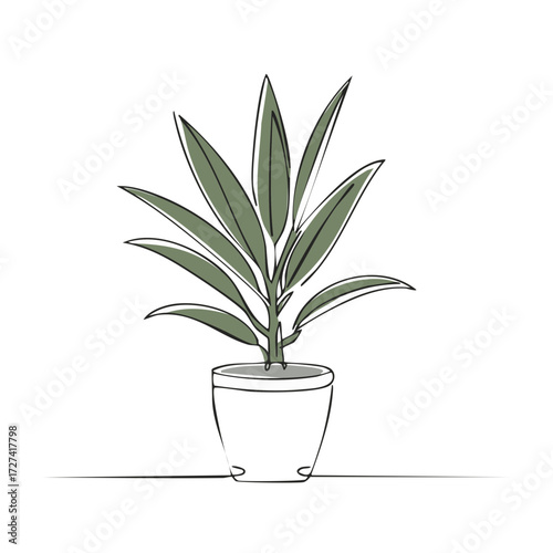 Minimalist Line Art of a Green Indoor Plant in a Pot for Decoration