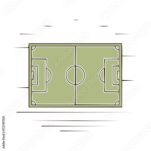 Illustrated overhead view of green football field with white lines and goals