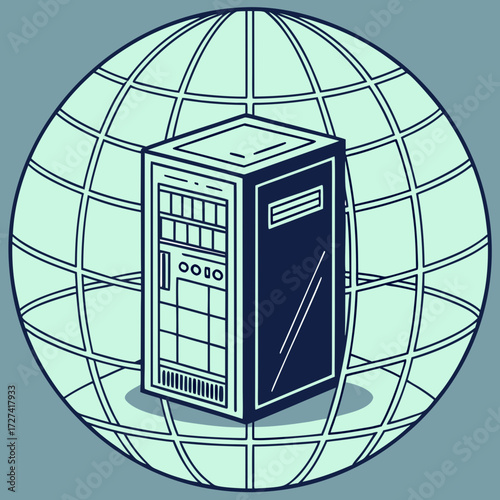 Global network server rack in isometric view behind a stylized wireframe globe